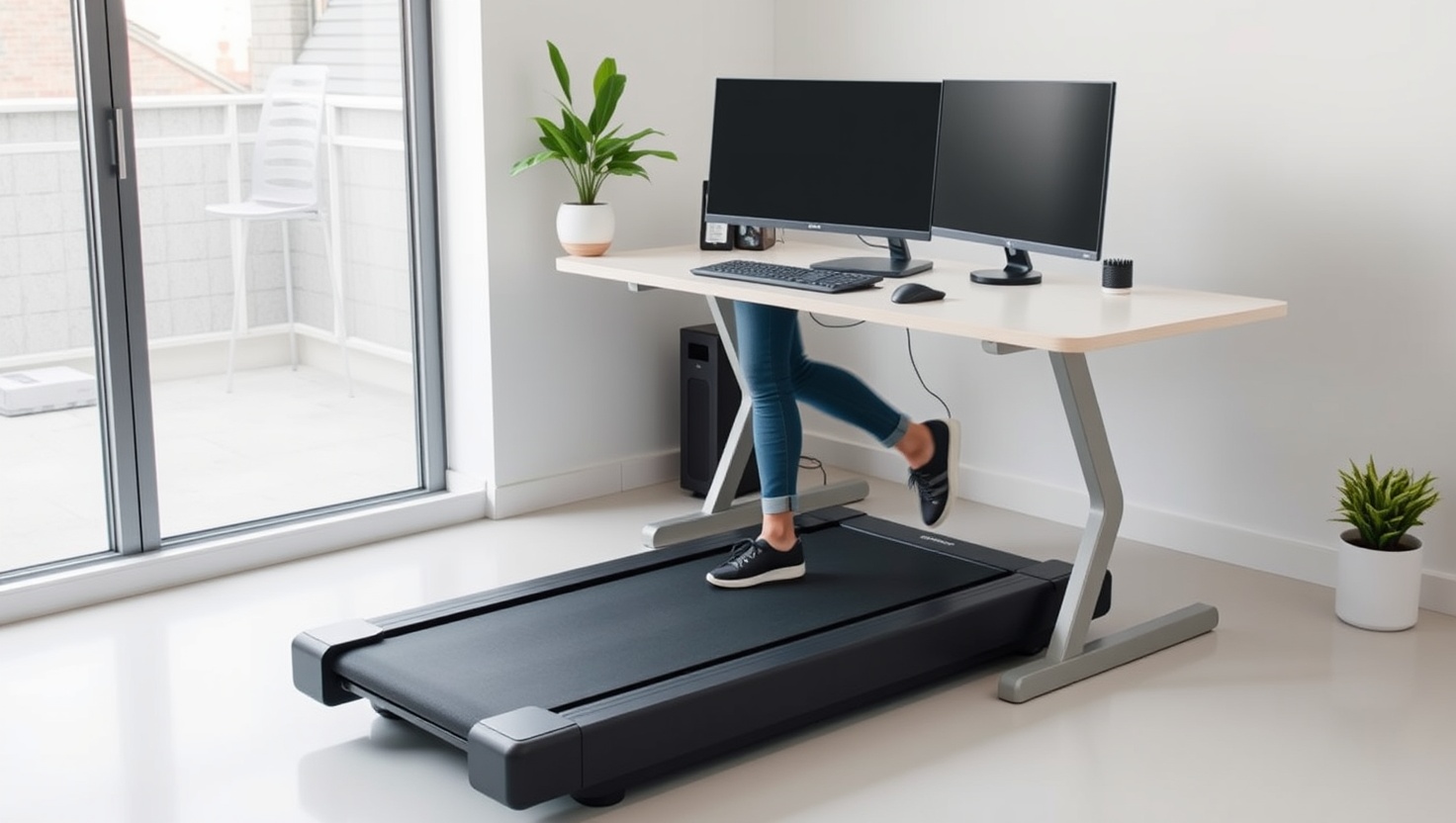 Person walking on an under-desk treadmill beneath a standing desk with two monitors