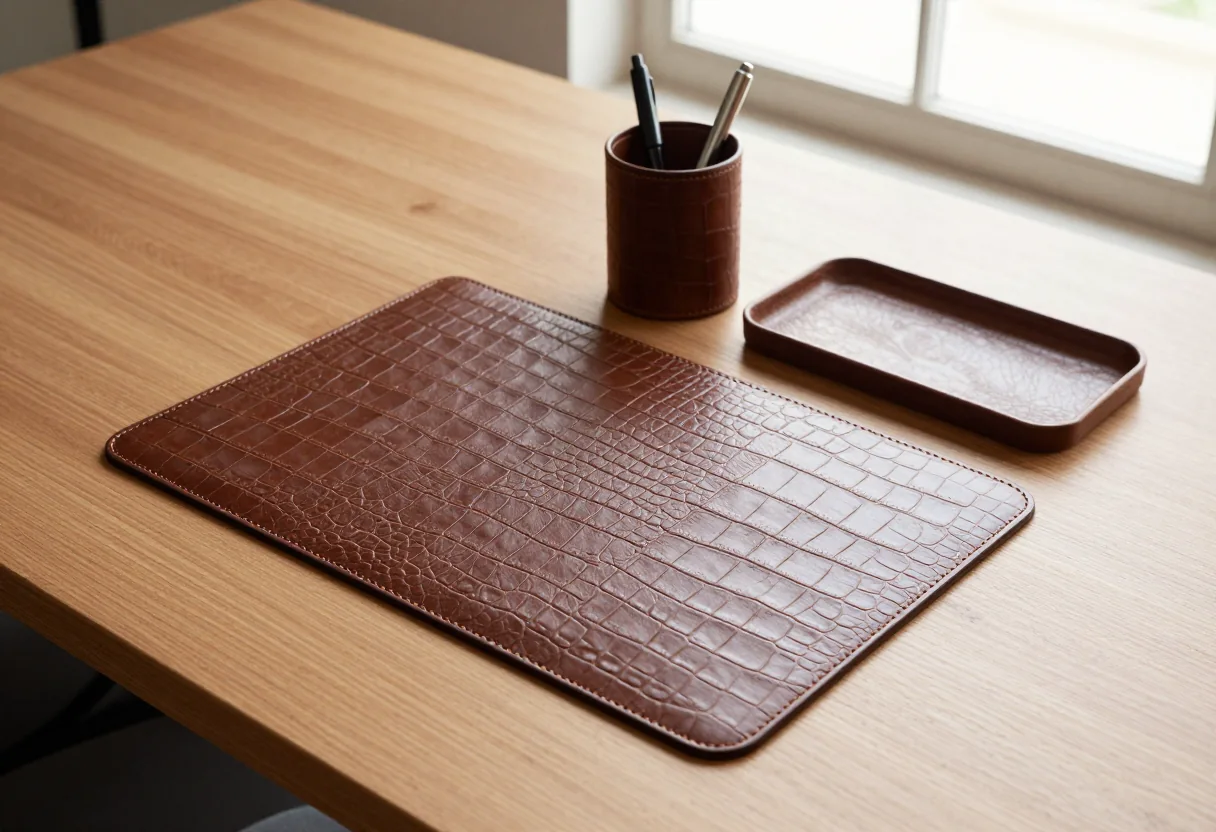 Brown crocodile-embossed desk pad, pen cup and tray on a wooden desk