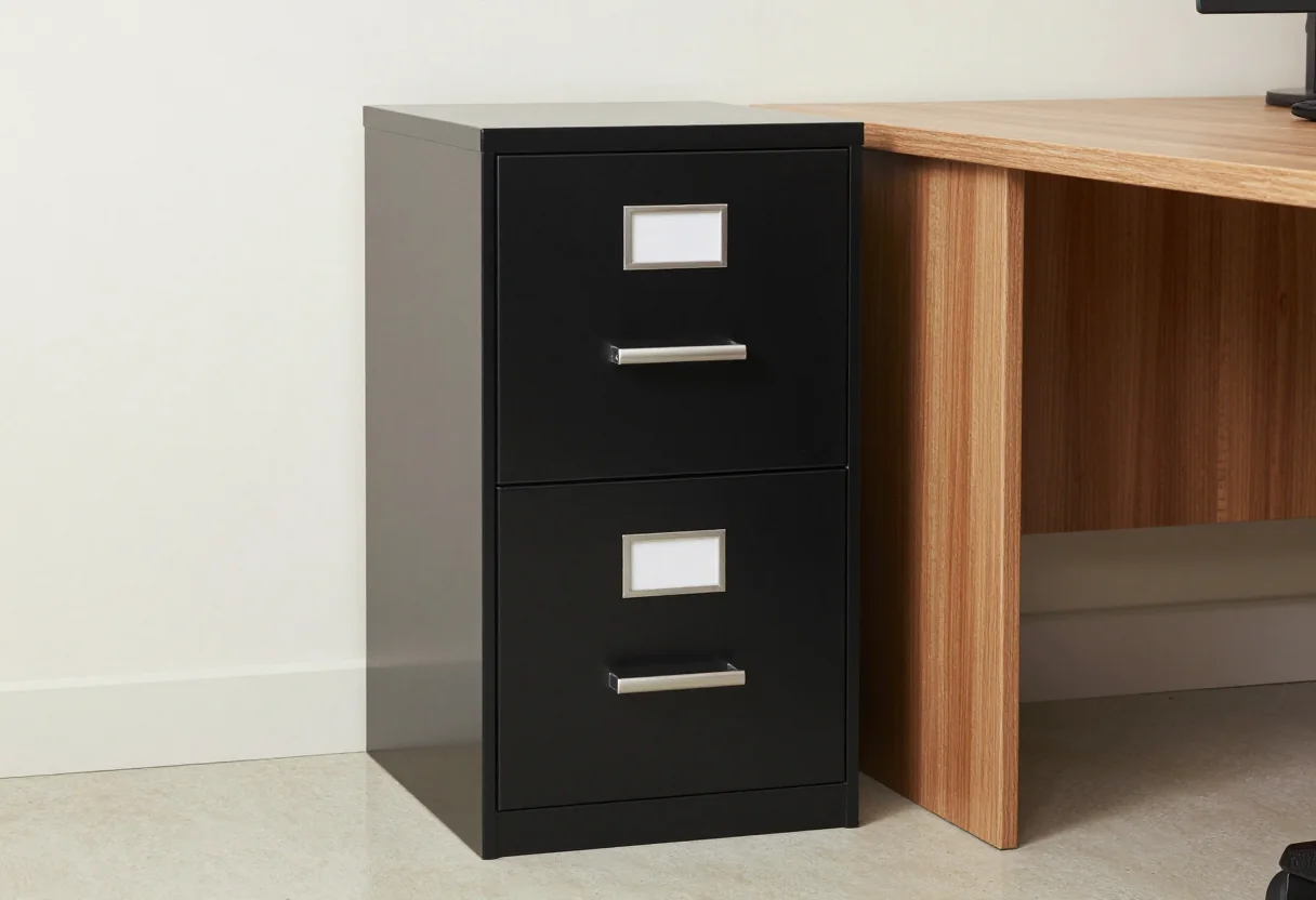Black two-drawer steel filing cabinet beside a wooden office desk