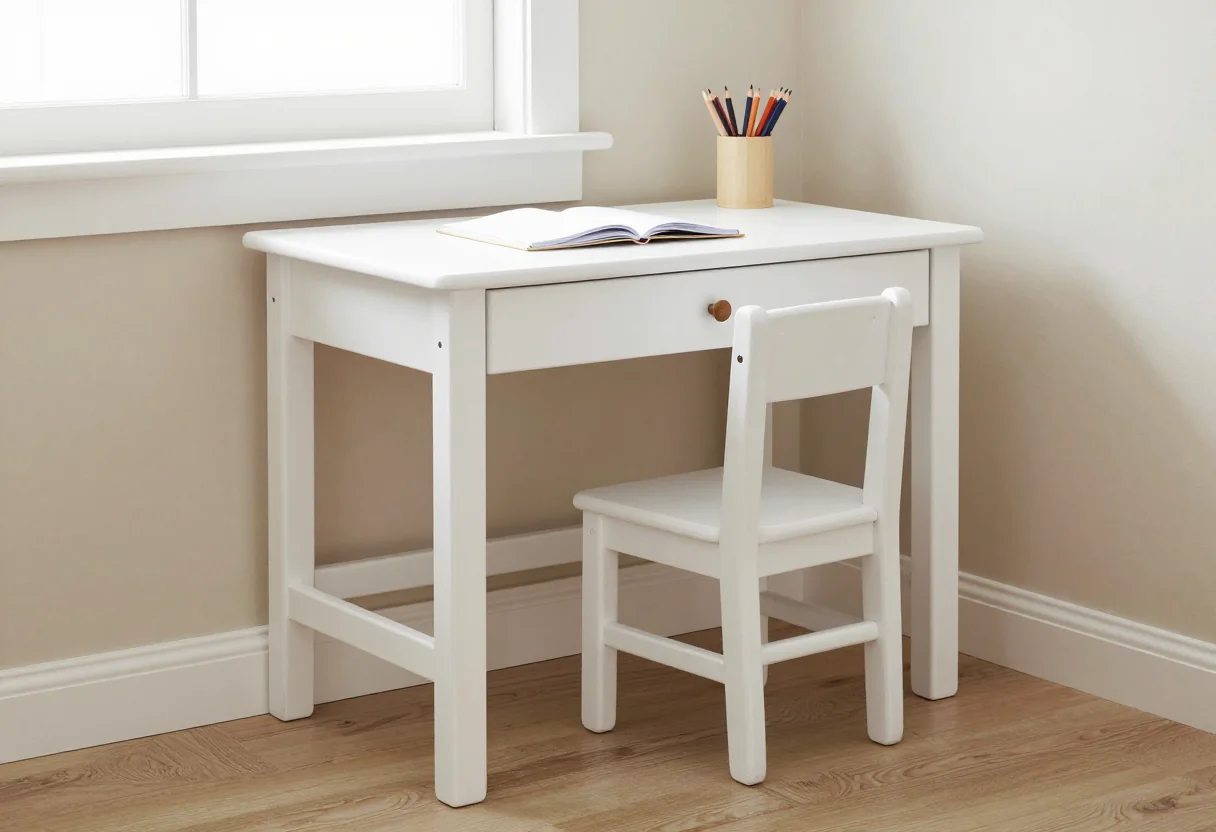 Small white study desk and matching chair with a notebook and colored pencils