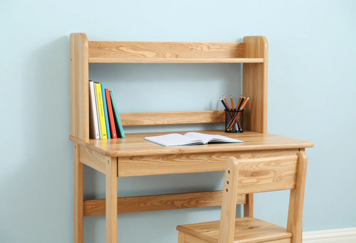 Light wood study desk with hutch shelf, books, pencils and matching chair