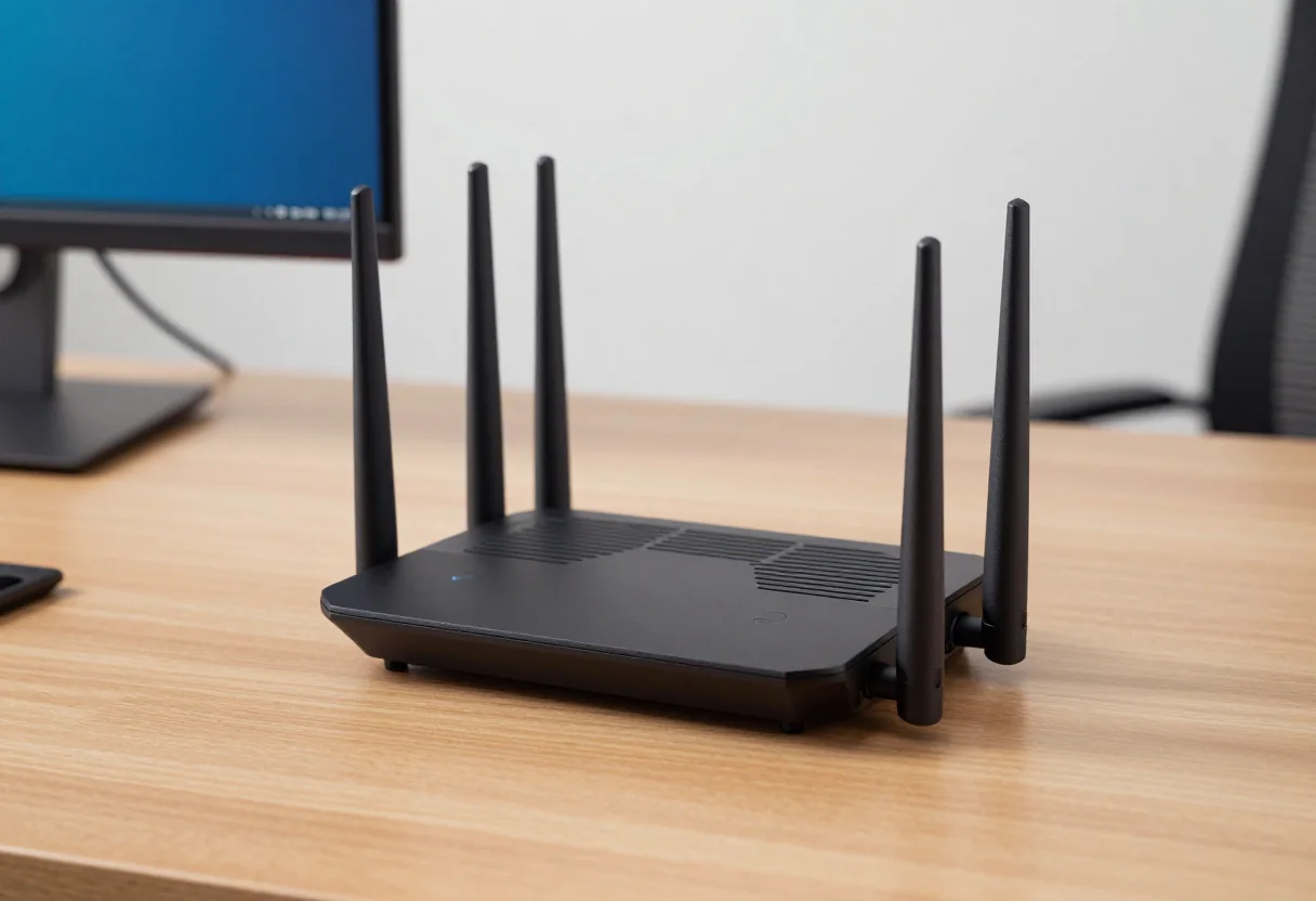 Black wireless router with upright antennas on a wooden desk beside a monitor