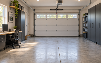 Home office setup in a garage