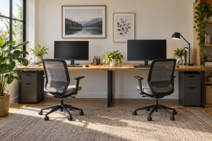 Home office setup for two people sharing a desk