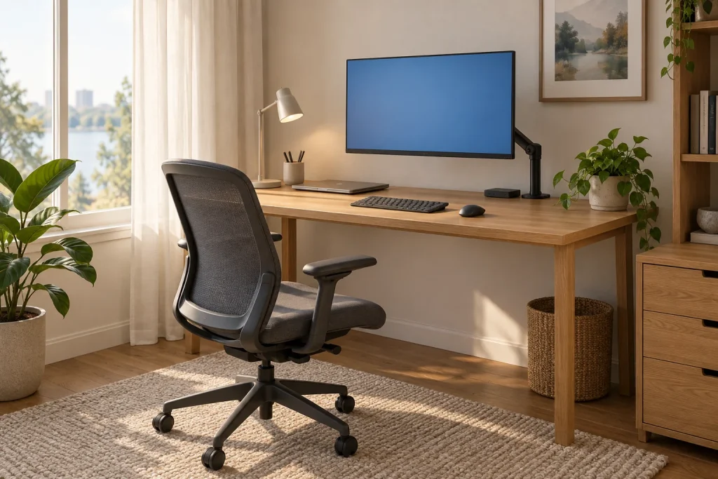 Compact home office with an ergonomic chair, monitor arm and closed laptop beside a window