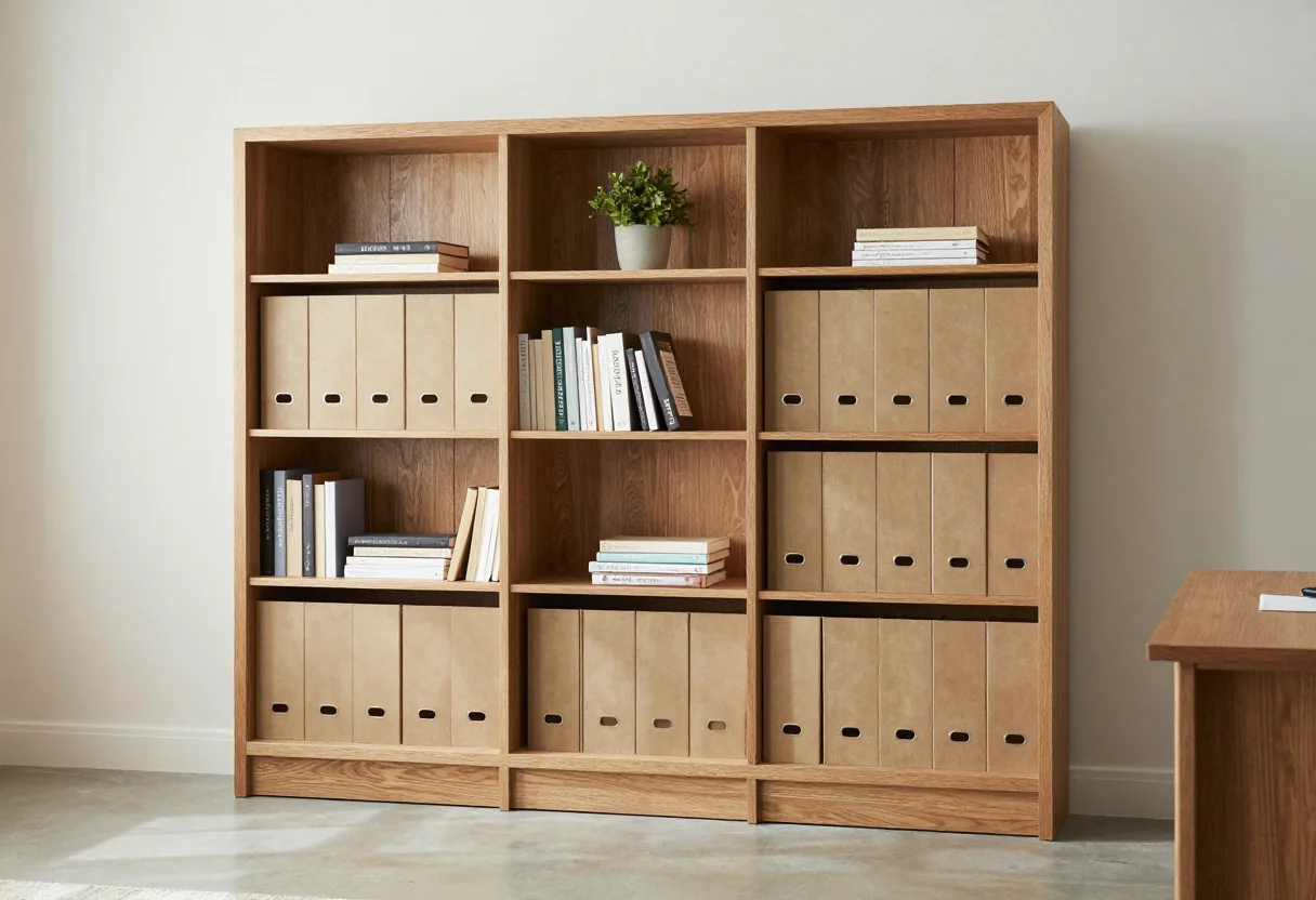 Wooden office bookcase with books, neutral file holders and a small plant
