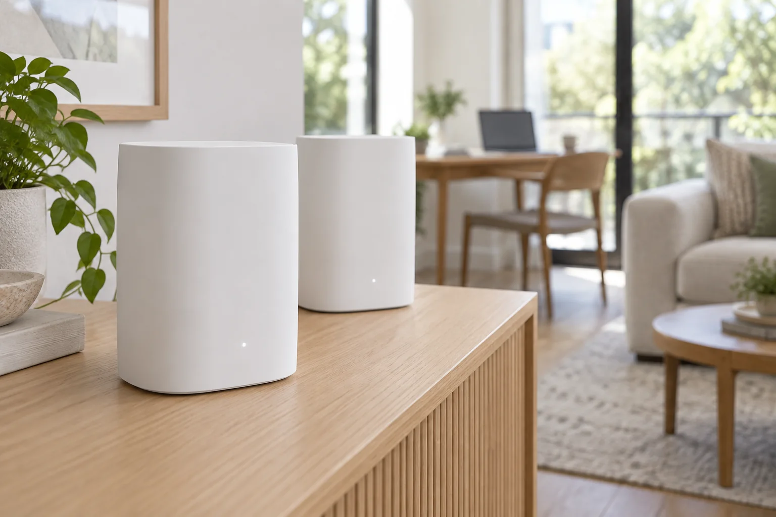 Two white mesh Wi-Fi units on a wooden console in a bright living room