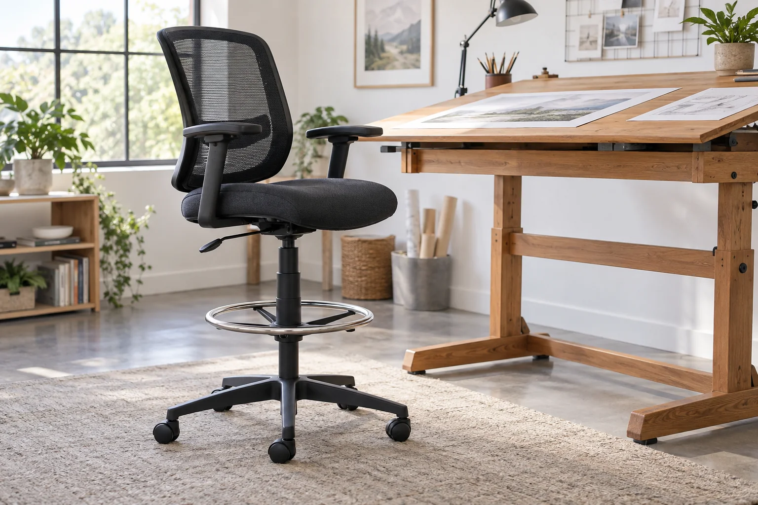 Black mesh drafting chair with circular footrest beside a raised wooden desk