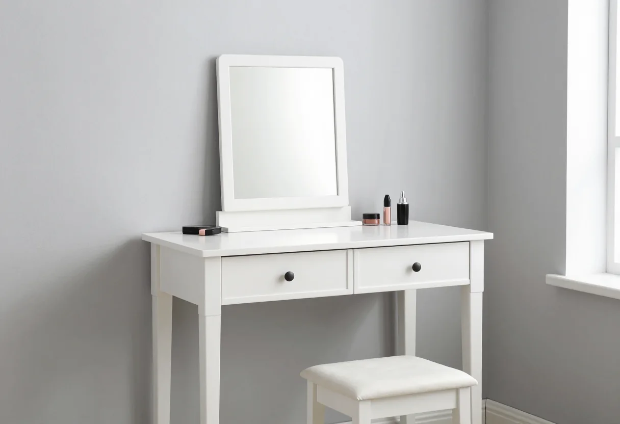 White two-drawer vanity desk with rectangular mirror and padded stool